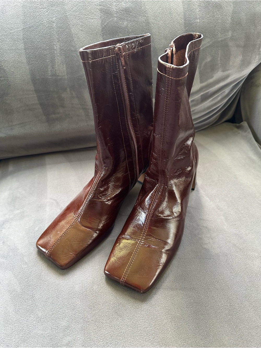 Topshop Dark Brown Square-Toe Mid-Calf Heeled Boots